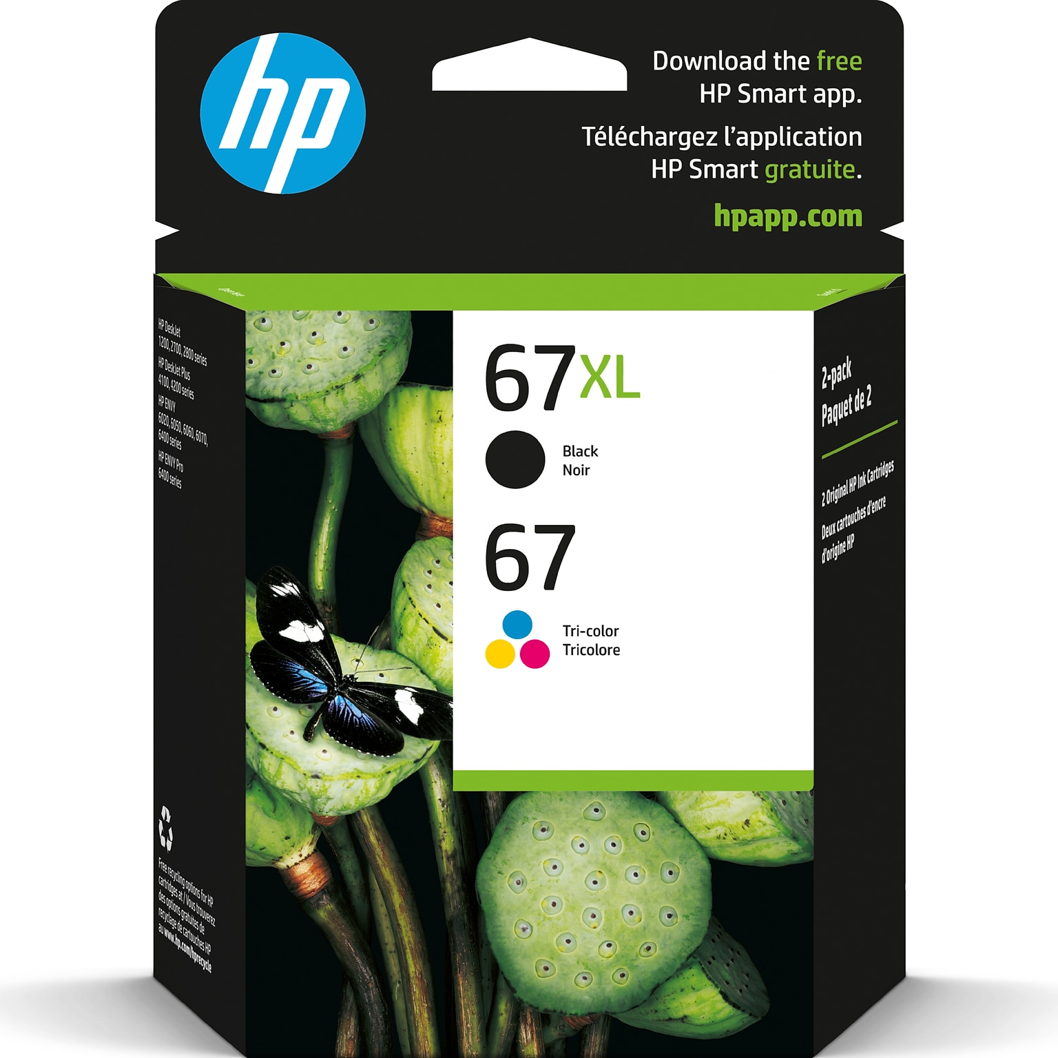 HP 67XL/67 Black High Yield and Tri-Color Standard Yield Ink Cartridge, 2/Pack (3YP30AN#140)