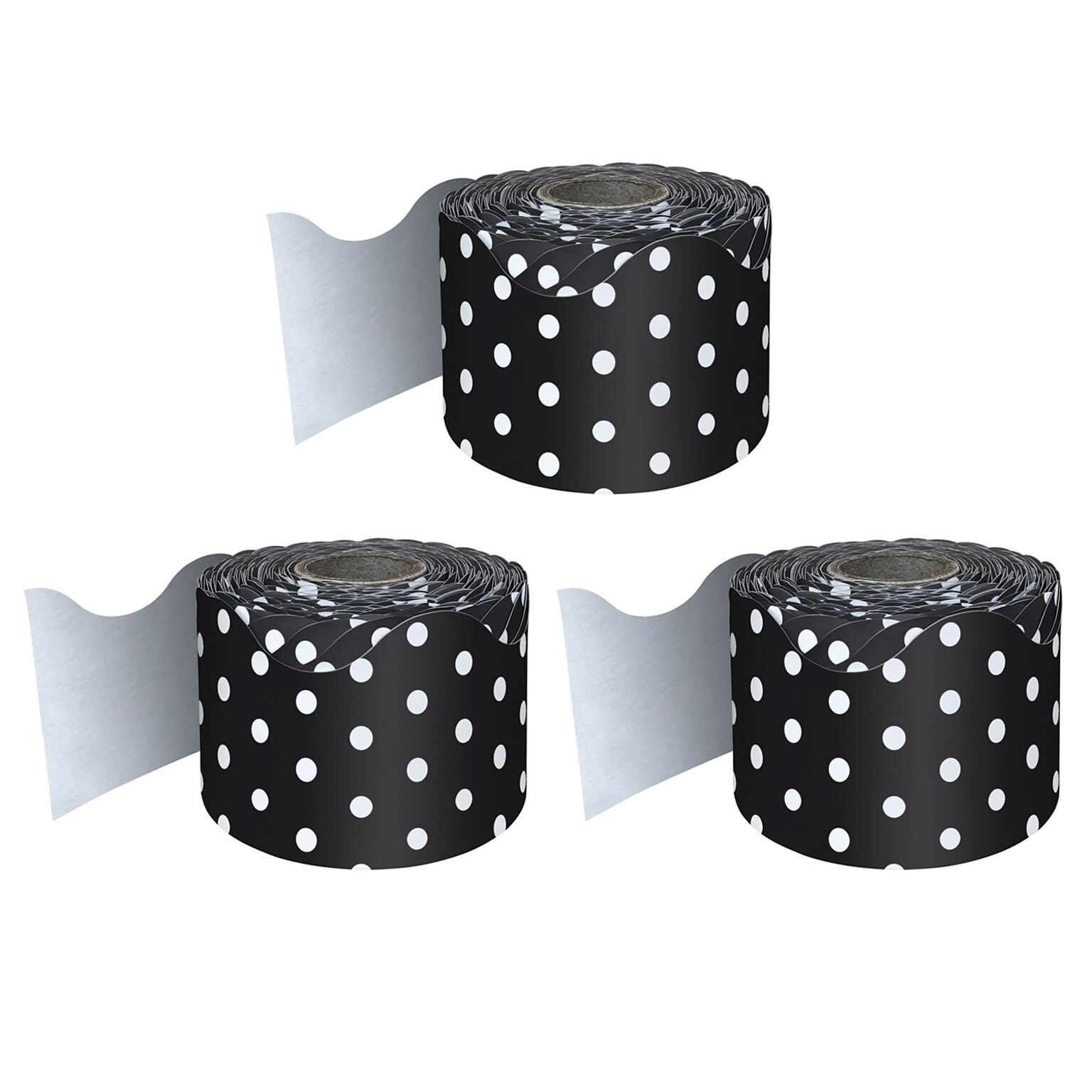 Carson Dellosa Education Rolled Scalloped Border, 2-1/4x 65, Black with White Polka Dots, 3/Bundle (CD-108474-3)