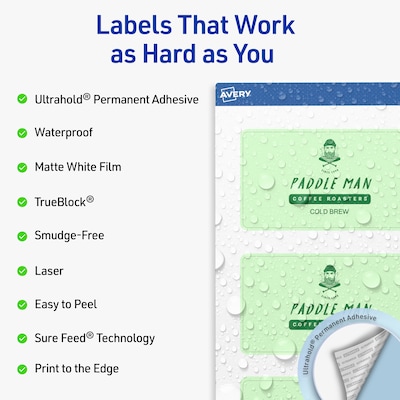 Avery Waterproof Rectangle Laser Multipurpose Labels, 2.5 x 7, White, 30/Pack (19479399328)