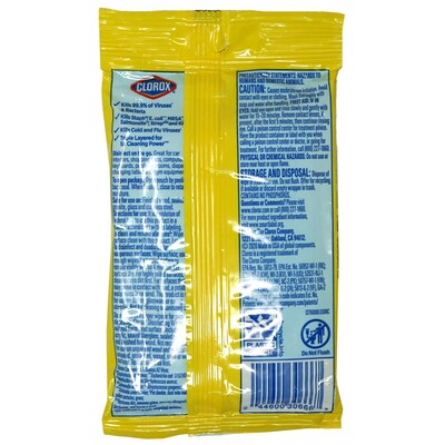 Clorox To Go Crisp Lemon Scent Disinfecting To Go Wipes, 9 Wipes/Pack, 12 Packs/Traypack, 2 Traypacks/Carton