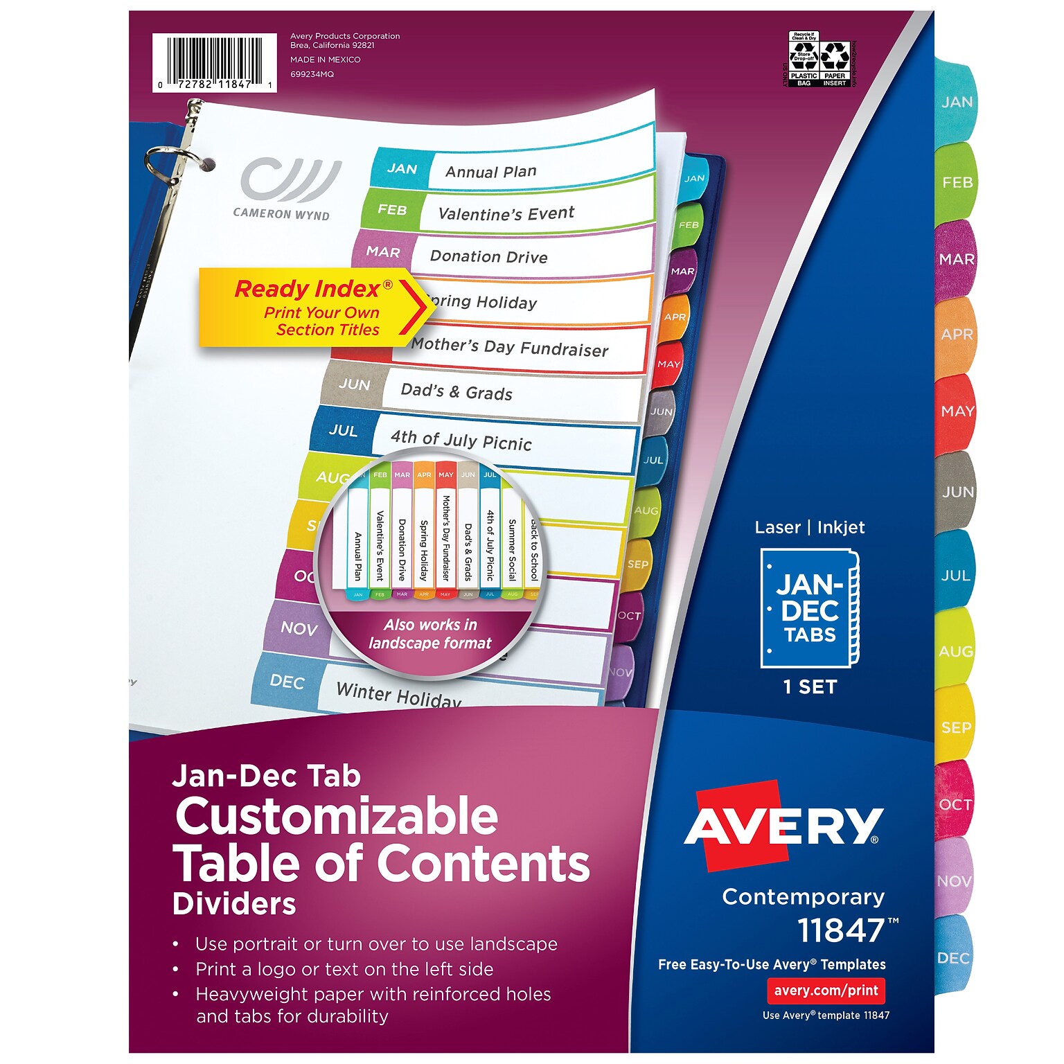 Avery Ready Index Table of Contents Paper Dividers, 1-12 Tabs, Contemporary Multicolor (11847)