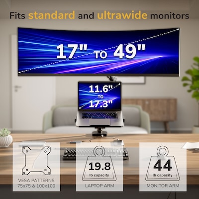 Mount-It! Monitor and Laptop Pole Desk Mount with Gas Spring Arms for 49" Monitors and 17.3" Laptops, Black (MI-12008)