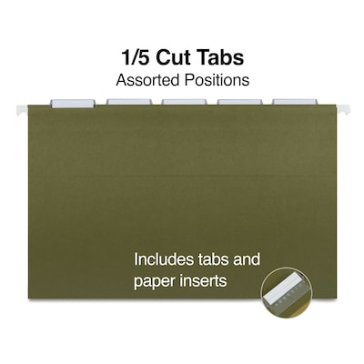 Staples® 95% Recycled  Heavy Duty Hanging File Folders, 1/5-Cut Tab, Legal Size, Standard Green, 25/Box (ST116830/116830)