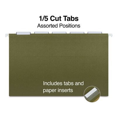 Staples® 95% Recycled  Heavy Duty Hanging File Folders, 1/5-Cut Tab, Legal Size, Standard Green, 25/Box (ST116830/116830)