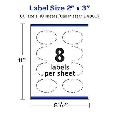 Avery Laser/Inkjet Decorative Edge Waterproof Multipurpose Labels, 3"  x 2", White, 80/Pack (94060)