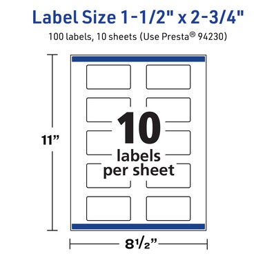Avery TrueBlock Laser/Inkjet Rectangle Multipurpose Labels, 1.5" x 2.75", White, 100 Labels/Pack (94230)