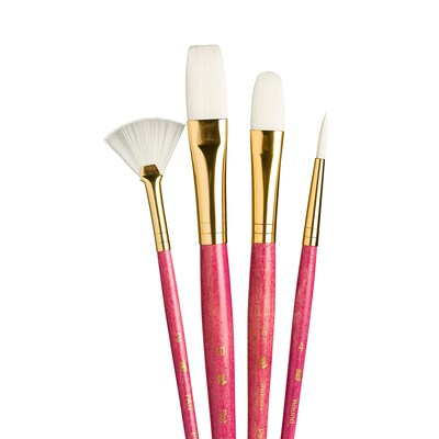 Princeton RealValue Mixed Media Synthetic Taklon Variety Brush Set, Assorted, Pink, 4/Set, 3 Sets/Bundle (PBXPR9182-3)