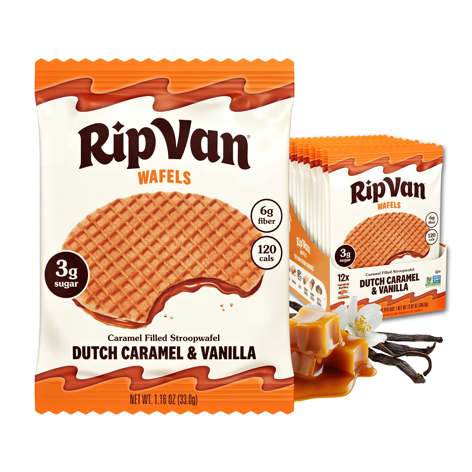 Rip Van Wafels Dutch Caramel and Vanilla Stroopwafels, 1.16 oz., 12 Packs/Box, 12/Box (RVW00334)