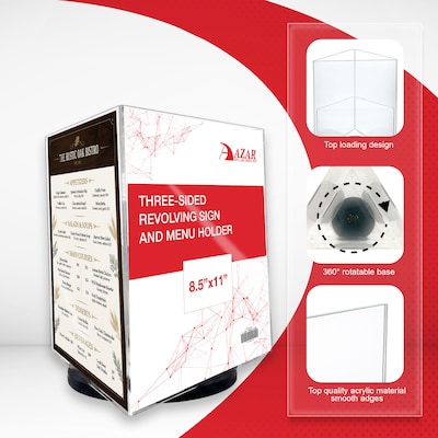 Azar Letter 8.5" x 11" 3-Sided Rotating Menu Sign Holder, Desktop/Countertop, Top Loading, Clear, Acrylic (193732-BLK)