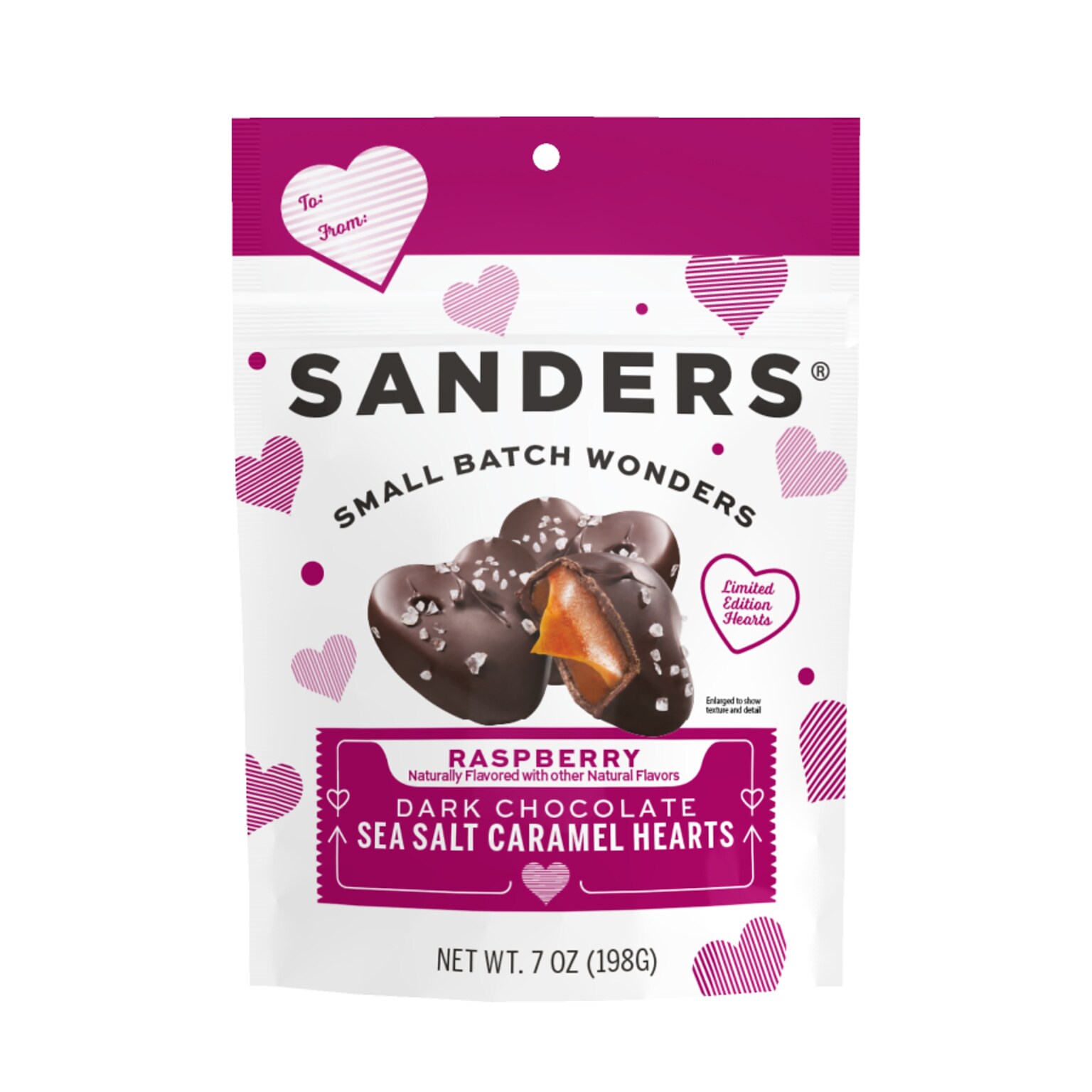 Sanders Dark Chocolate Raspberry Sea Salt Caramel Hearts, 7 oz. (MRY31142)