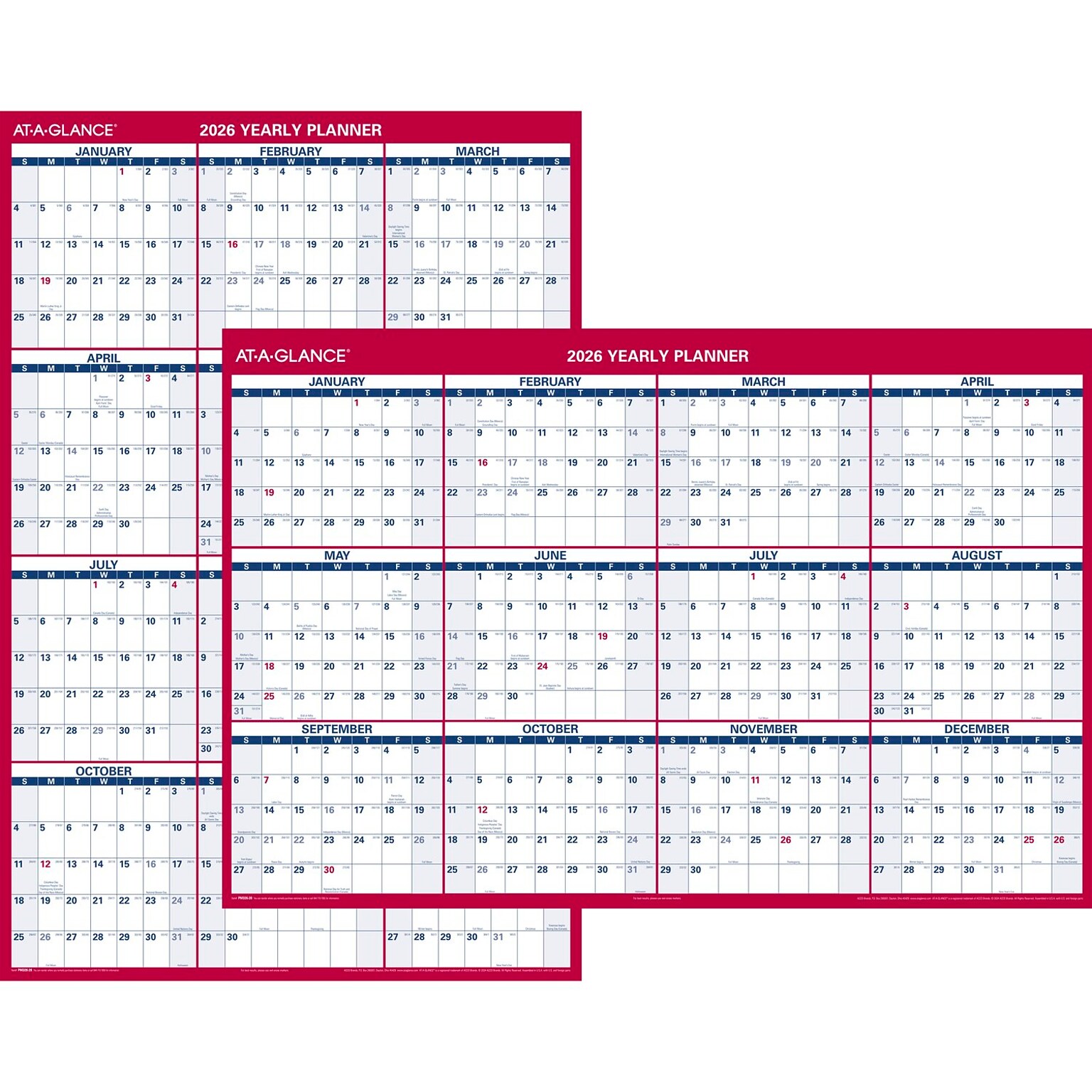 2026 AT-A-GLANCE 48 x 32 Yearly Dry Erase Wall Calendar, Reversible, White/Red (PM326-28-26)