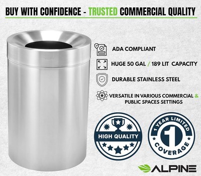 Alpine Industries Stainless Steel Trash Can with Open Lid, 50 Gallon, Silver (ALP475-50)