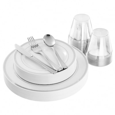 Round Elama Plastic Dinnerware Set, White/Silver, 150 Piece (935124339M)