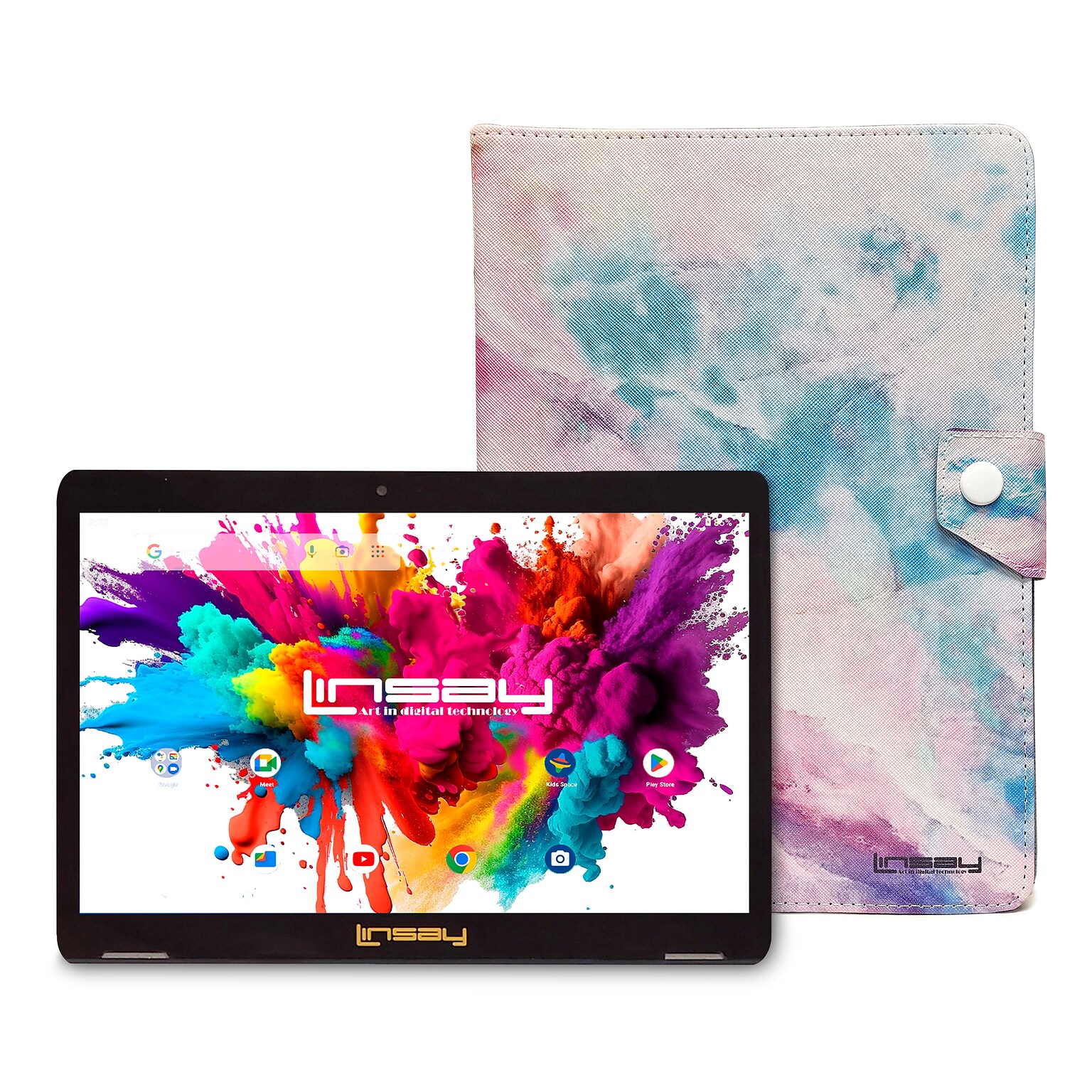 Linsay Octa Core 10.1 Tablet, 4GB RAM, 128GB Storage, Android 13, Bundled with Pink Marble Case and Stylus Pen