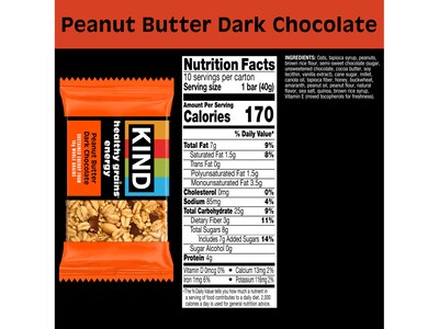 KIND Healthy Grains Gluten Free Peanut Butter Dark Chocolate Energy Bar, 1.4 oz., 10 Bars/Box (67075)