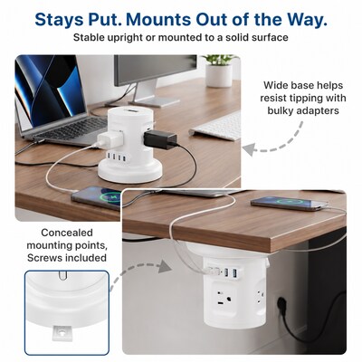 Uncaged Ergonomics Retractable Power Strip with USB-C, 4 AC Outlets, 4 USB Ports and 6ft Retractable Cord, White (RC-white)