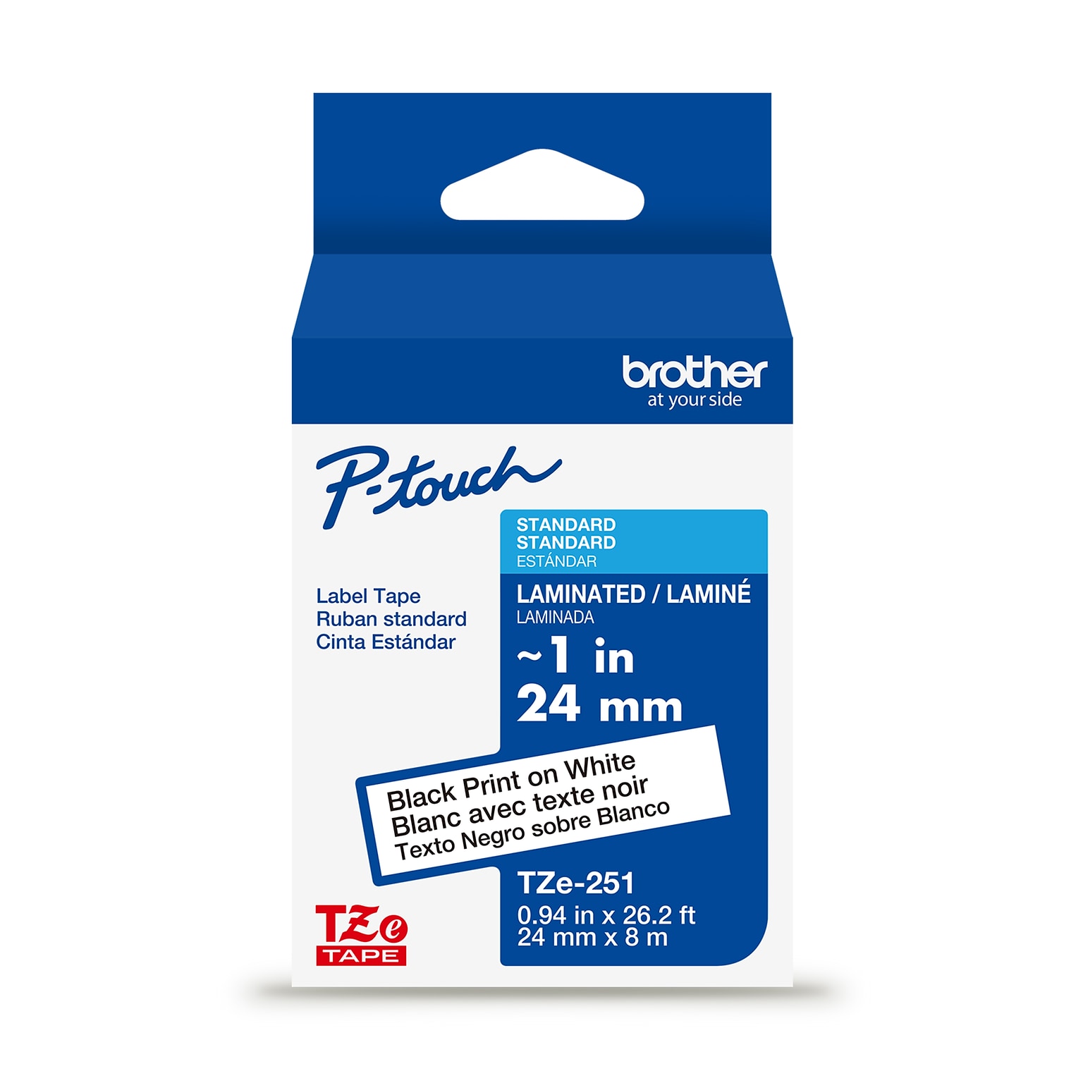 Brother P-touch Laminated Label Tape, ~1 x 26.2, Black on White (TZe251)