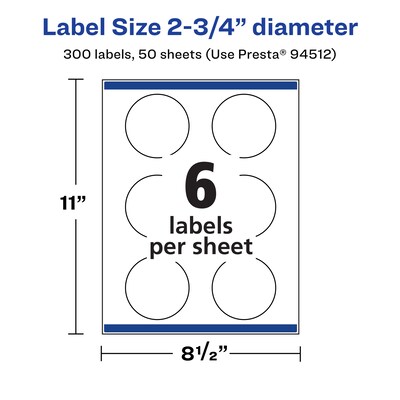 Avery Laser/Inkjet Circle  Waterproof Multipurpose Labels, 2.75"  Dia, White, 300/Box (94512)