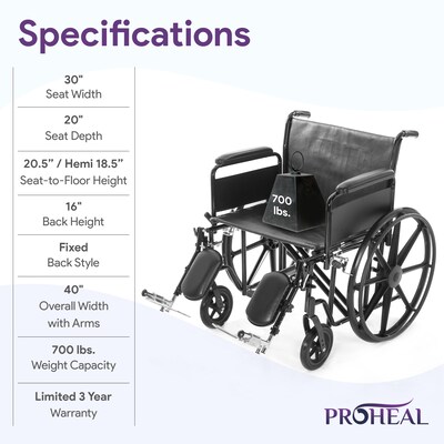 ProHeal Bariatric 30" Wheelchair, Removable Desk Arms & Elevating Leg Rests, 700 lb. Capacity, Nylon, Black (PH-WCK730DAELR)