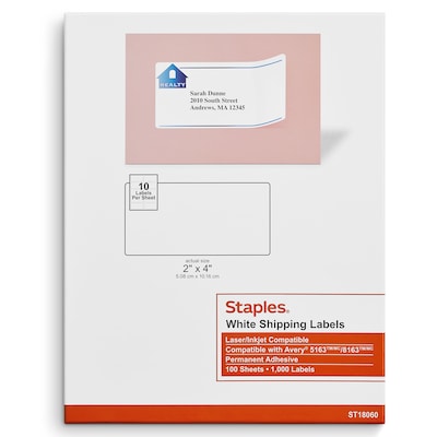 Staples® Laser/Inkjet Shipping Labels, 2 x 4, White, 10 Labels/Sheet, 100 Sheets/Pack, 1000 Labels