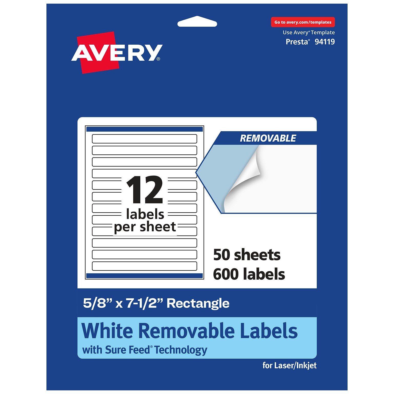 Avery Laser/Inkjet Rectangle Multipurpose Labels, 5/8 x 7-1/2, White, 600 Labels/Box (94119)