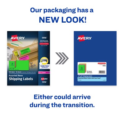Avery Sure Feed Laser Shipping Labels, 2x 4, Assorted Neon, 500 Labels/Box (5956)