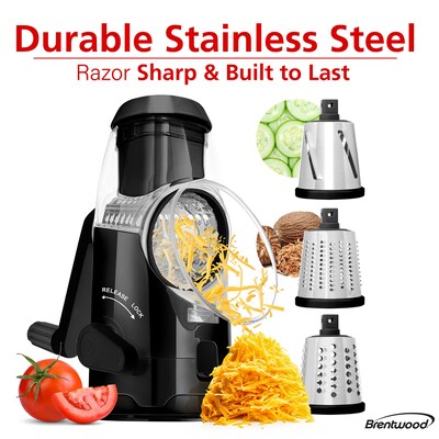 Brentwood Rotary Grater, Shredder, and Slicer with Handle and Stainless Steel Drum Blades, Black (KA