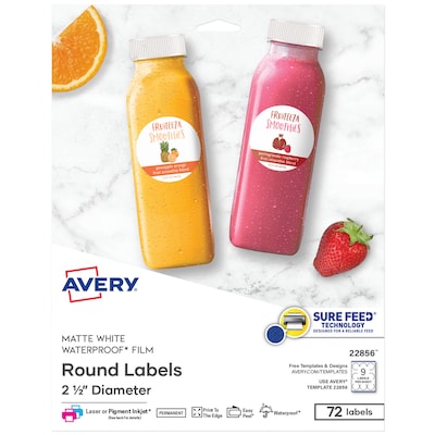 Avery Waterproof Laser/Inkjet Round Labels, 2 1/2 Dia, White, 72 Labels/Pack (22856)