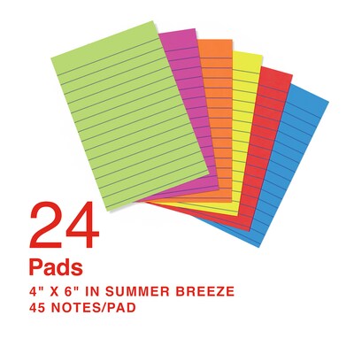 Staples Ultra Sticky Notes, 4 x 6, Summer Breeze Collection, Lined, 45 Sheets/Pad, 24 Pads/Pack (S