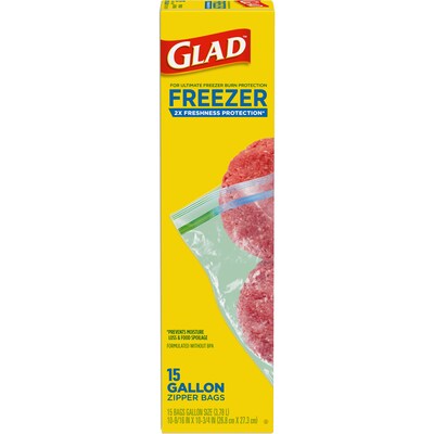 Glad Zipper Freezer Storage Bags, Gallon, 15 Bags/Box (57034)