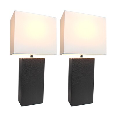 Lalia Home Lexington 21 2-Pack Leather Base Modern Bedside Table Lamp Set, White Fabric Shade, Blac