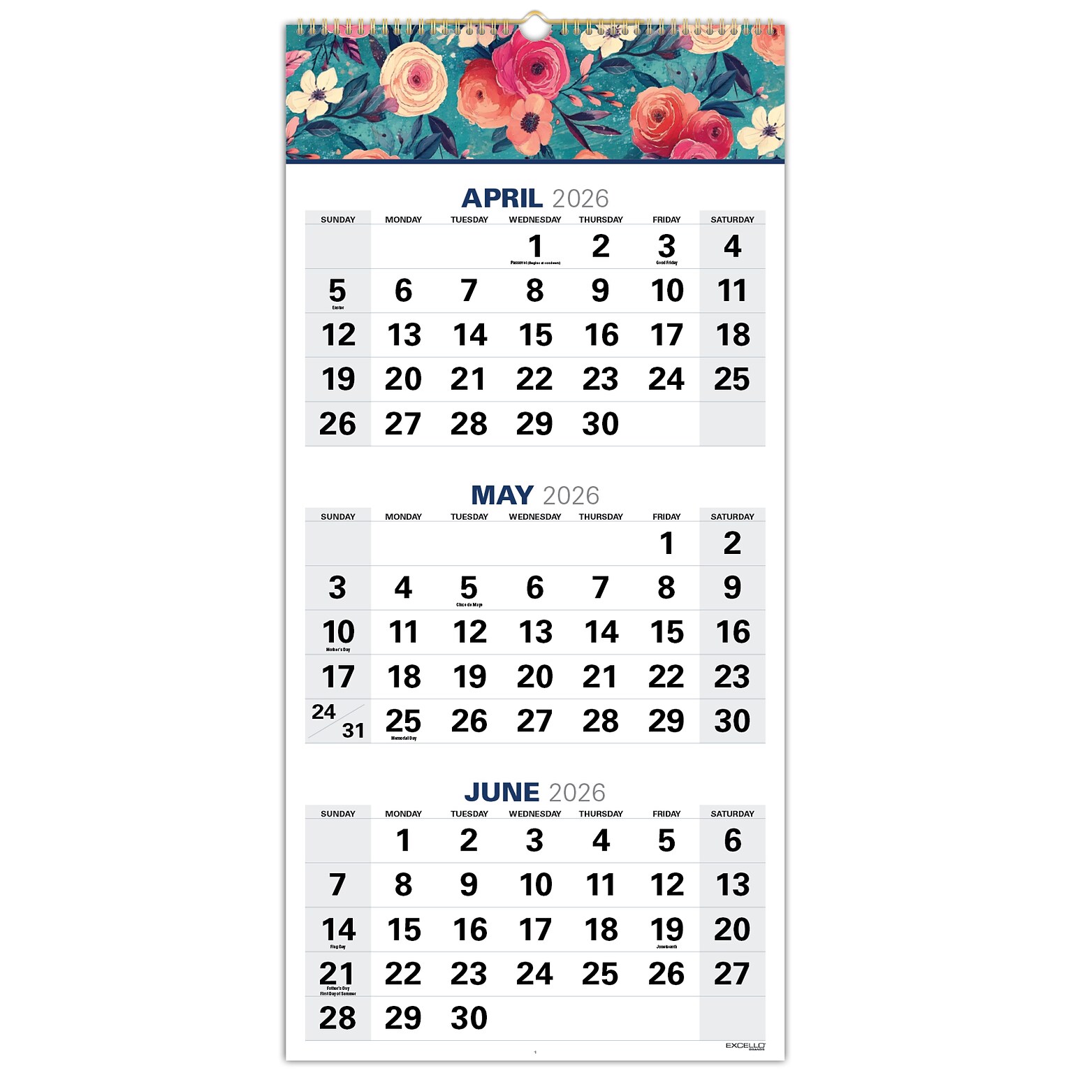 2026-2027 Excello Brands Large Print 13 x 27 Academic Monthly Wall Calendar, Teal Floral (WC-AY26-1327-17)