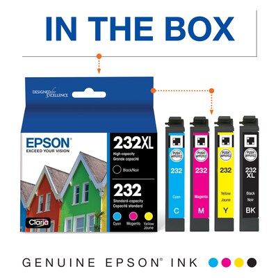 Epson 232XL/232 Black High Yield and Cyan/Magenta/Yellow Standard Yield Ink Cartridge, 4/Pack (T232X