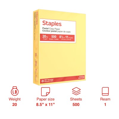 Staples Pastel 30% Recycled Color Copy Paper, 20 lbs., 8.5" x 11", Canary, 500/Ream (14787)