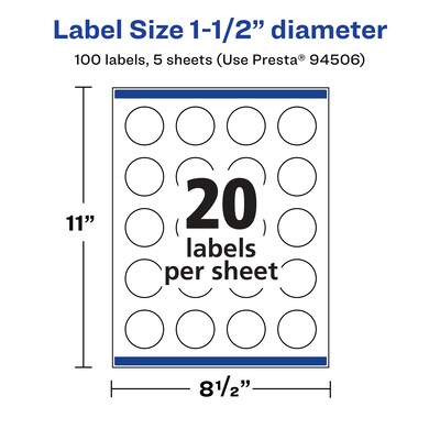 Avery Laser/Inkjet Round Multipurpose Labels, 1.5" Dia., Clear, 100 Labels/Pack (94506)