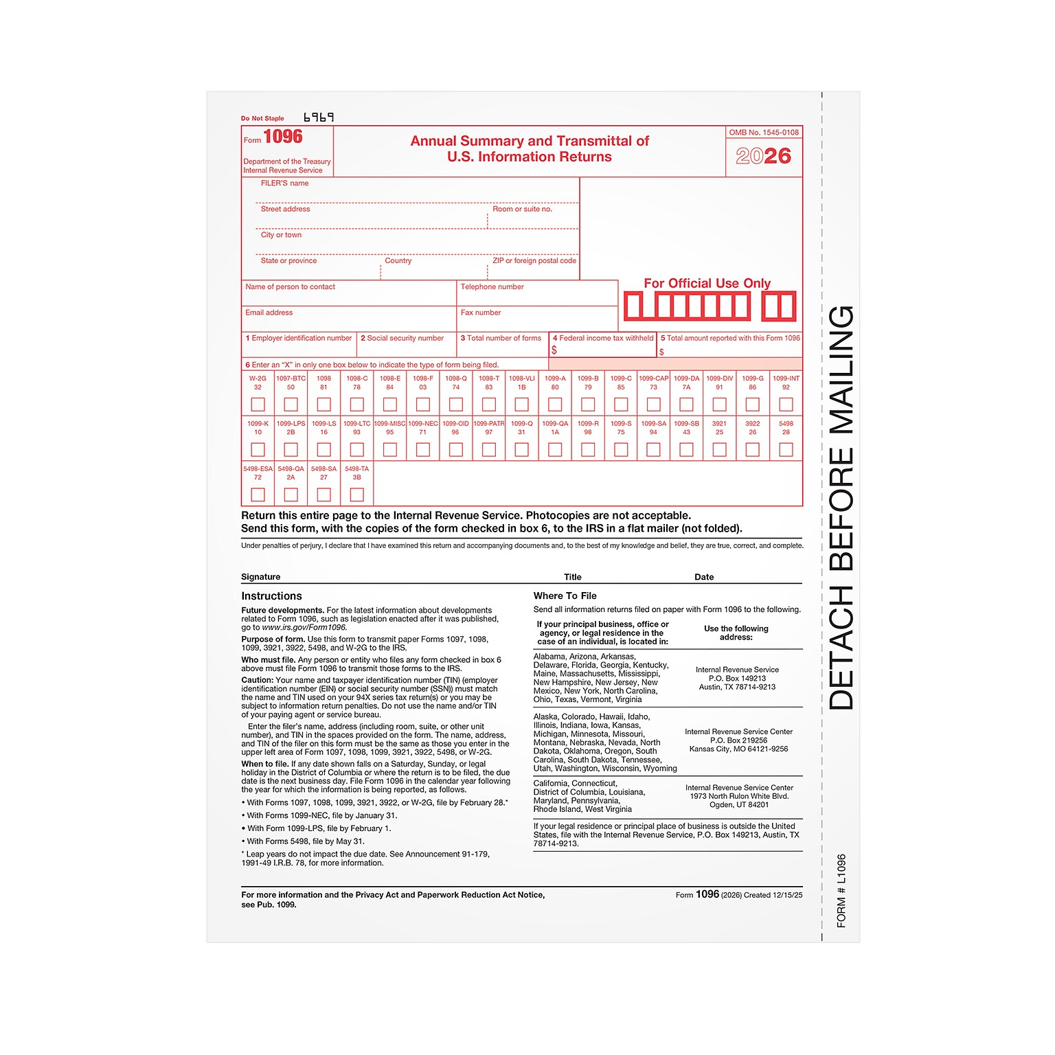 Adams 2026 1096 Tax Form, 1-Part, 25/Pack (L109625)