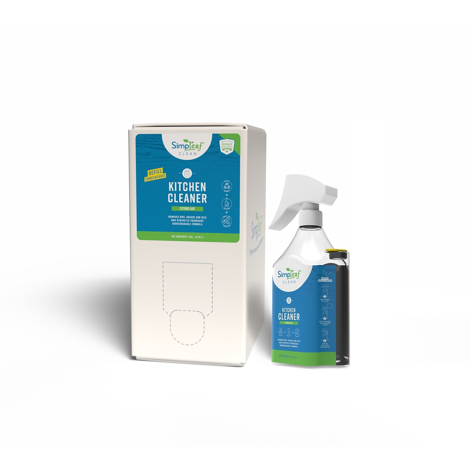 Simpleaf Clean Kitchen Cleaner & Degreaser with Easy Refill Bottle, Citrus Zest, 1 Gallon (S-KCBIB01-1G-CZ)