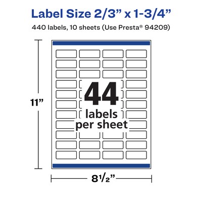 Avery Laser/Inkjet Rectangle Waterproof Multipurpose Labels, 1.75"  x 0.6667", White, 440/Pack (94209)