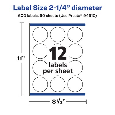 Avery Laser/Inkjet Round Multipurpose Labels, 2.25" Dia., White, 600 Labels/Box (94510)