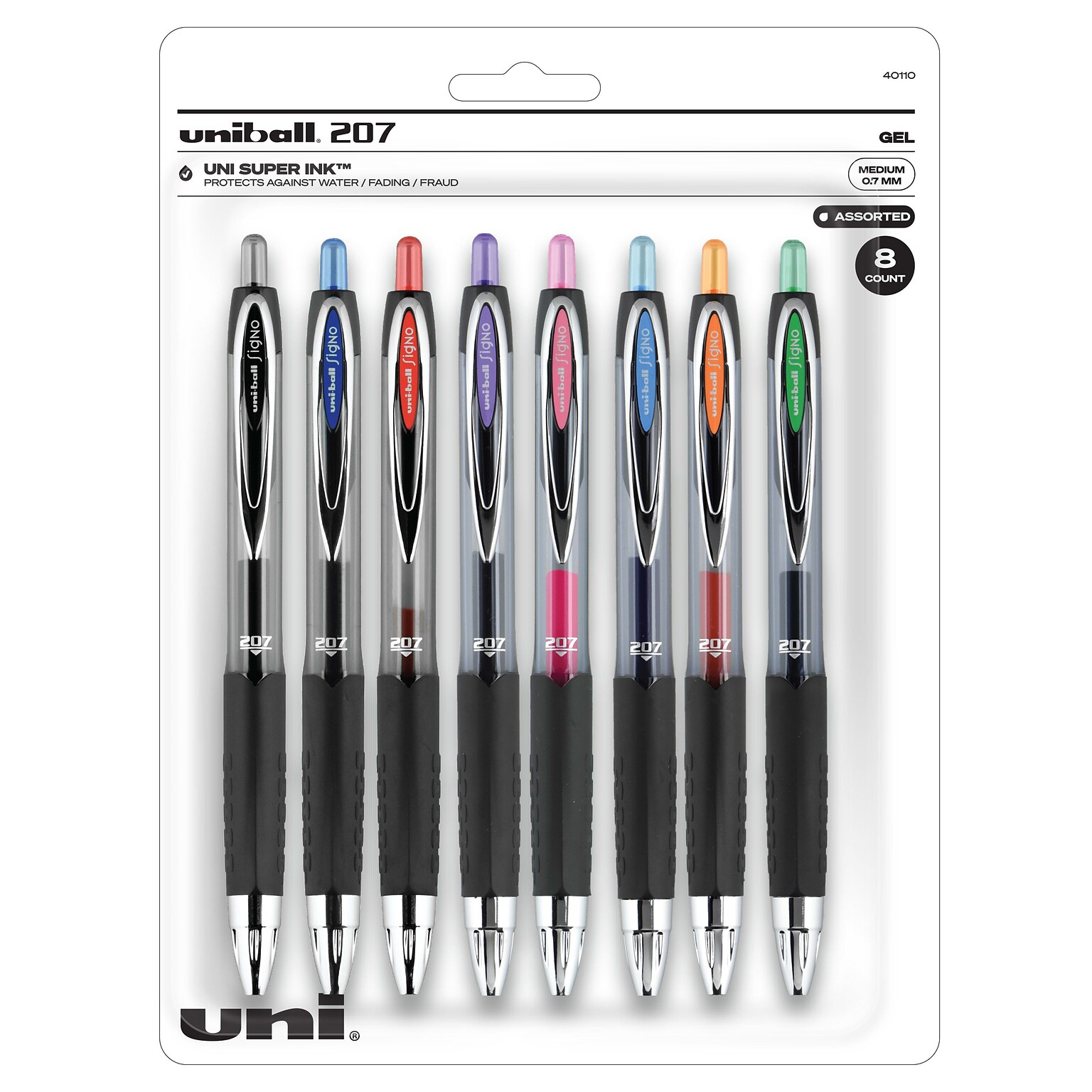 uniball 207 Retractable Gel Pens, Medium Point, 0.7mm, Assorted Ink, 8 Pack (40110)