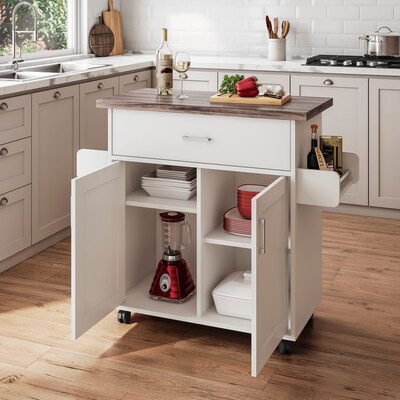 Techni Home Deluxe Mobile Kitchen Island Cart with Water Resistant Top, Storage Cabinets with Adjust
