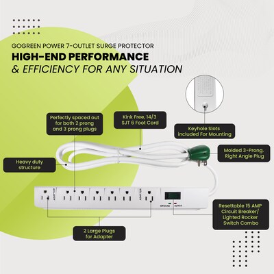 GoGreen Power 6' Metal Surge Protector, 7 Outlets, White (GG-17636)