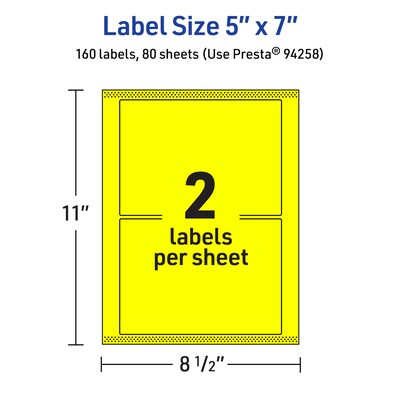 Avery Laser/Inkjet Rectangle Multipurpose Labels, 5" x 7", Neon Yellow, 160/Box (94258)