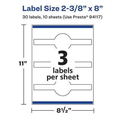 Avery Laser/Inkjet Multipurpose Labels, 8"  x 2.375", Matte White, 30/Pack (94117)