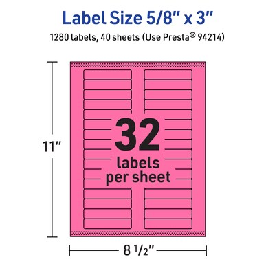 Avery Laser/Inkjet Rectangle Multipurpose Labels, 5/8" x 3", Bright Pink, 1280/Pack (94214)