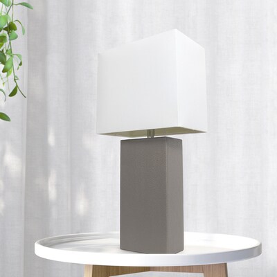 Lalia Home Lexington 21" Leather Base Modern Home Décor Bedside Table Lamp, White Rectangular Fabric Shade, Gray (LHT-3008-GY)