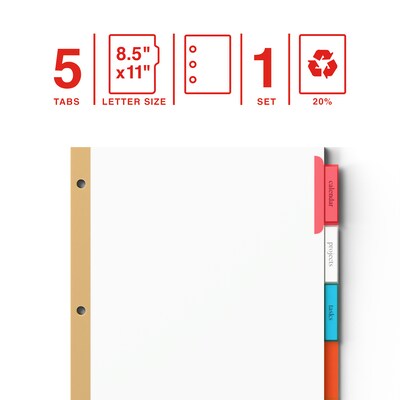 Staples® Big Tab Insertable Paper Dividers, Multicolor, 5-Tab Set (13489/11121)