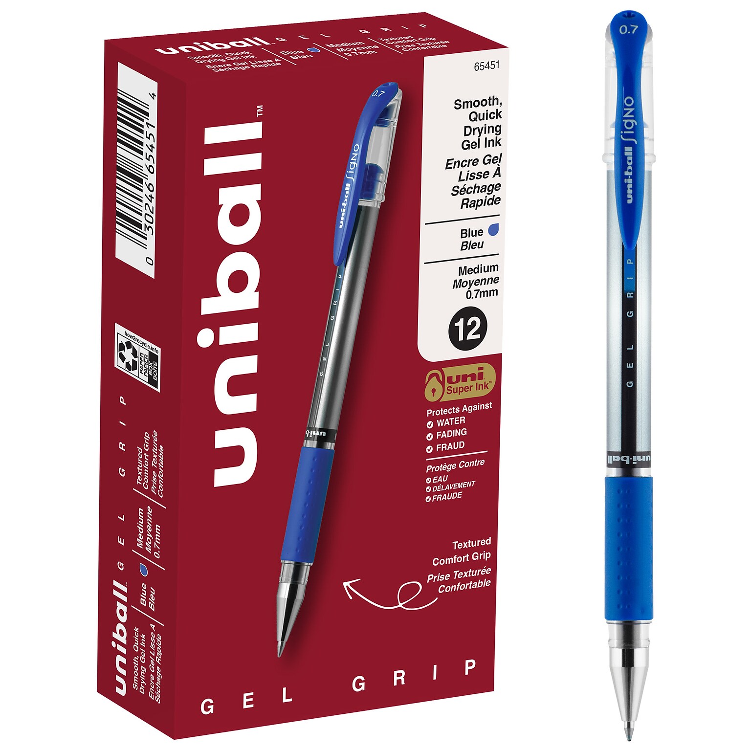 uni-ball Gel Grip Gel Pens, Medium Point, 0.7mm, Blue Ink, 12/Pack (65451)