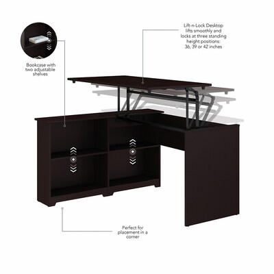 Bush Furniture Cabot 36"-42"H 3 Position Sit to Stand Corner Bookshelf Desk, Espresso Oak (WC31816)