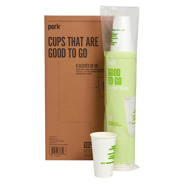 Perk™ Compostable Paper Hot Cup, 16 Oz., White/Green, 300/Carton (PK56221)